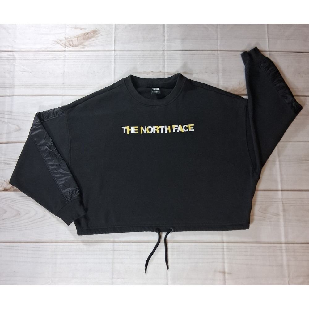 The North Face Womens Cropped Crewneck Sweatshirt Size L Black Drawstring Logo
